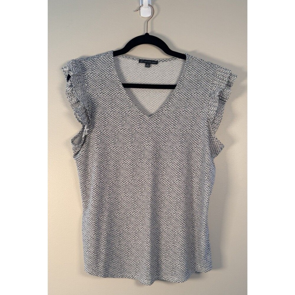 Adrianna Papell Gray/Black Geometric V-Neck Ruffle Sleeve Knit Blouse - M
